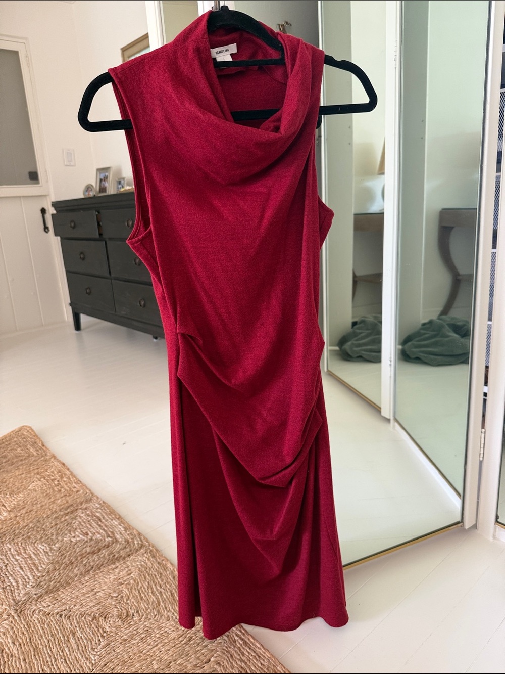 Helmut Lang Sleeveless Draped Cowl Neck Dress in Maroon Crimson Red